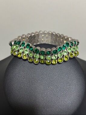 Vintage Three Row Vintage Green Rhinestone Stretch Bracelet Hinged Ladder Links